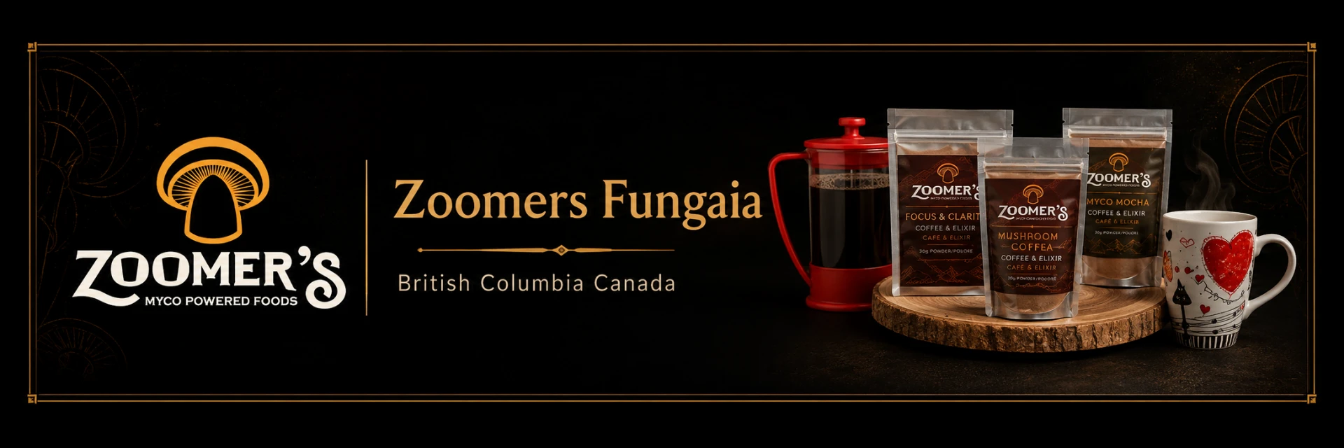 ZOOMER’S FUNGAIA myco-powered foods brand banner, British Columbia Canada