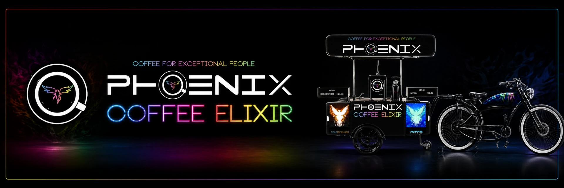 Phoenix Coffee Elixir neon brand banner with electric-bike coffee kiosk