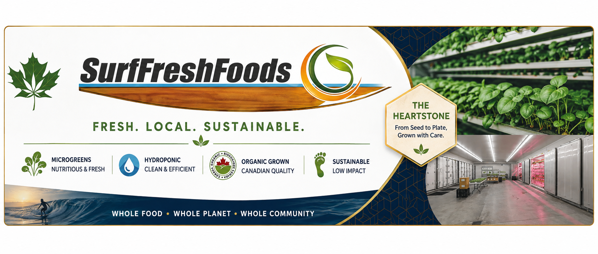 SurfFreshFoods banner — microgreens, hydroponic vertical farm, fresh local sustainable